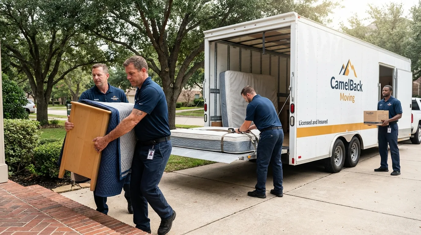 Crew loading residential truck for cross-state move from Mentone, CA