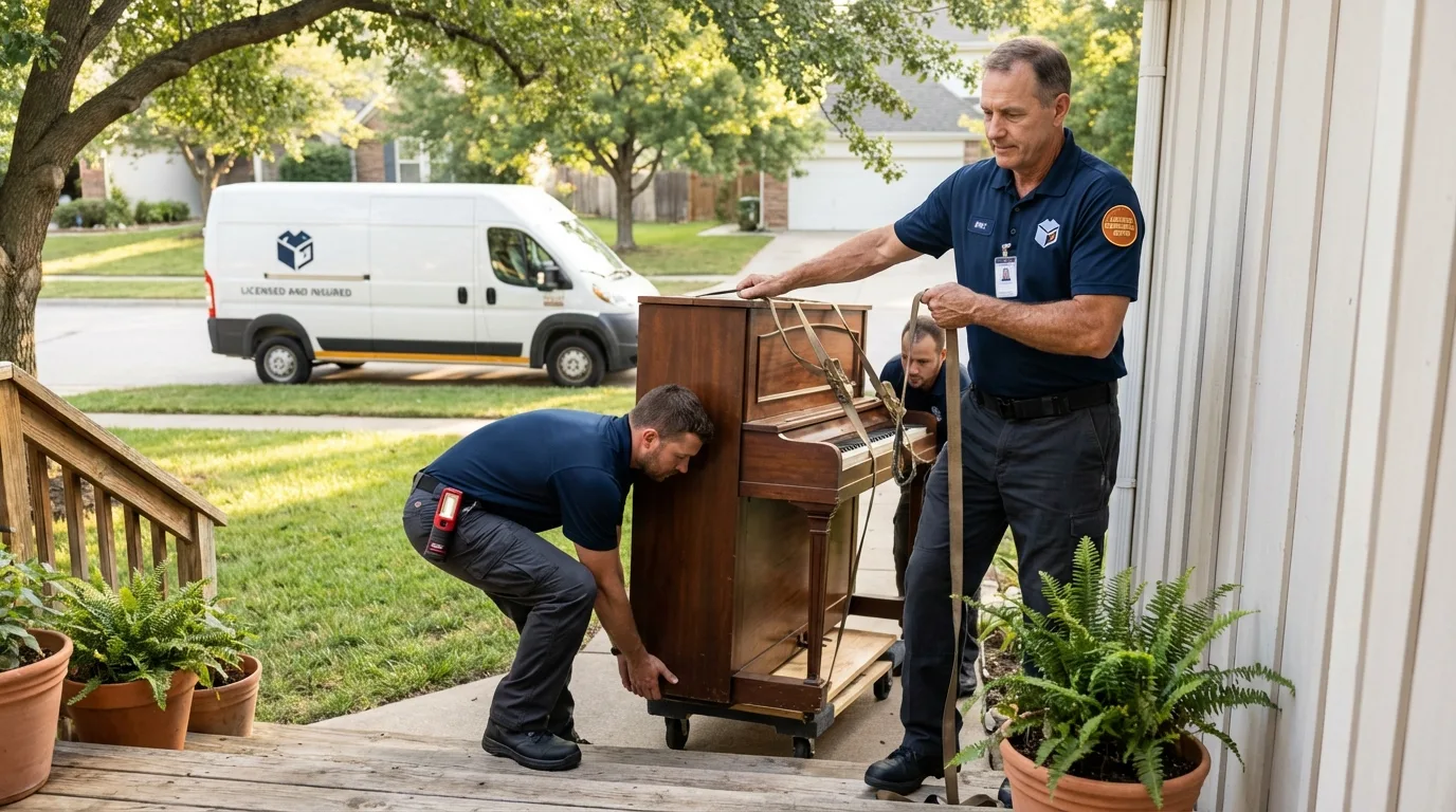 Licensed piano movers securing grand piano in Mentone, CA