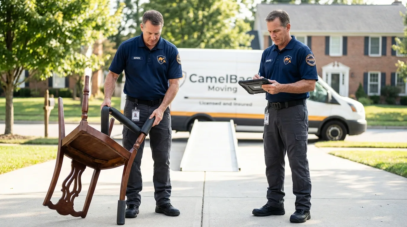 Movers inspecting furniture for damage prevention before loading in Mentone, CA